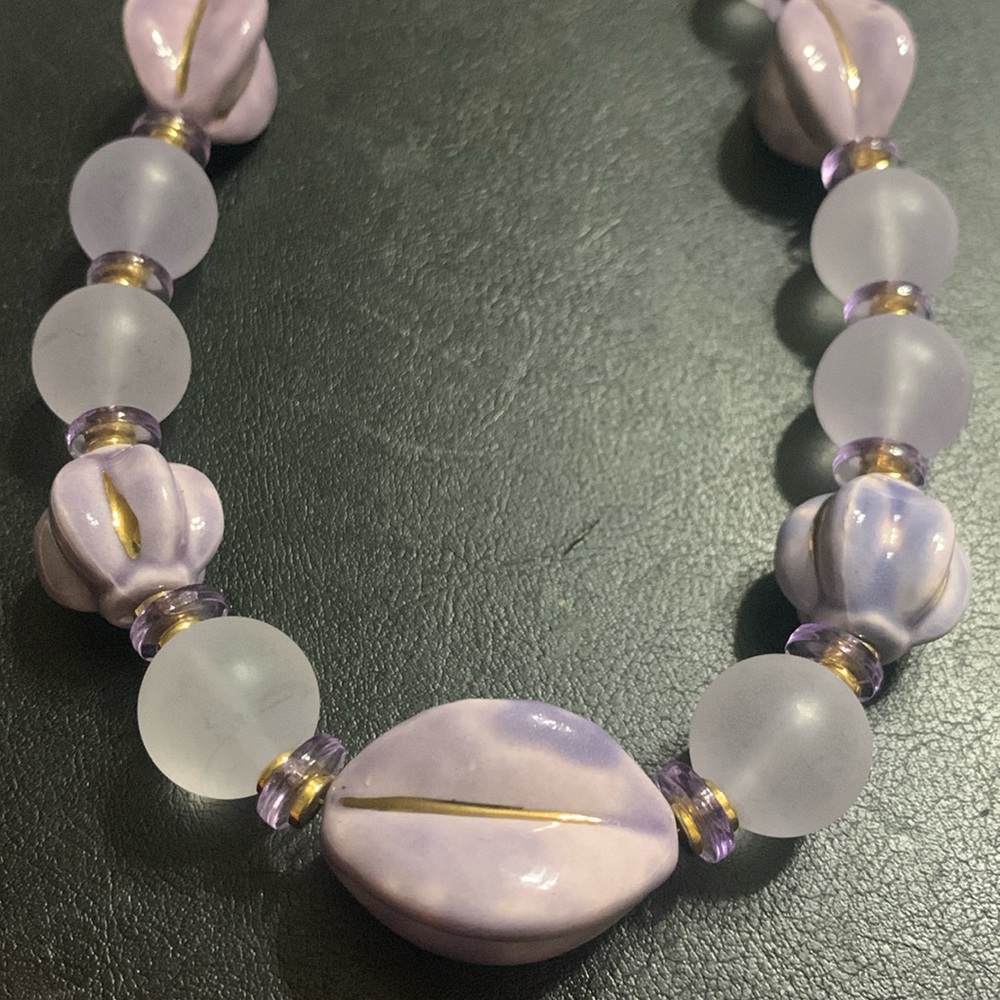 Vintage Lavender Hand Painted and frosted beaded necklace from Japan 30 in